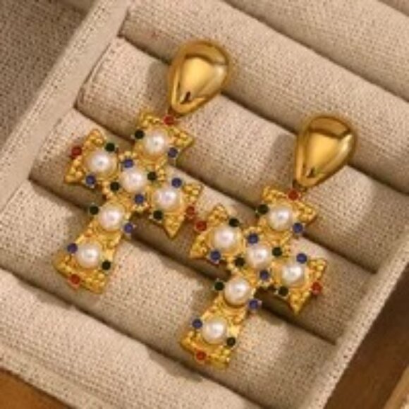 Womens Cross Earrings Rhinestone Faux Pearl Gold Plated Pierced Chandelier - Picture 2 of 8